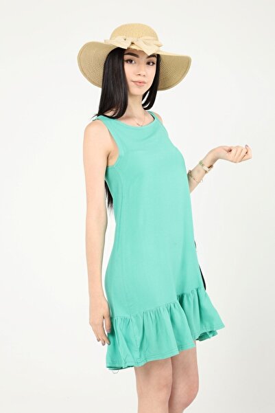 KaSheHa Yeşil Kalın Askılı Bisiklet Yaka Eteği Pileli Dokuma Viskon Kiloş Elb...