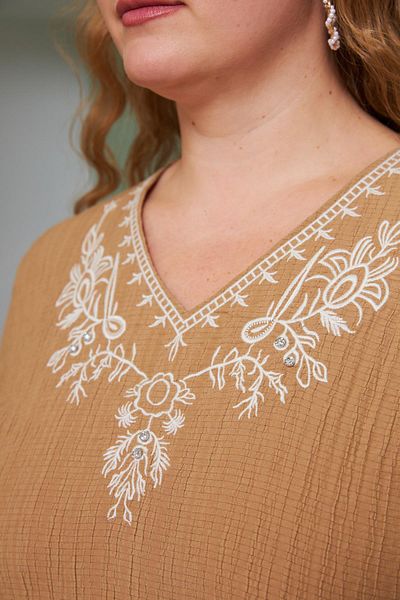 RMG Collar Embroidery and Stone Detailed Large Size Crinkle Blouse Mink1