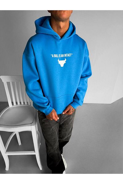 ablukaonline Unisex Μπλε Oversize Bull Hoodie με στάμπα
