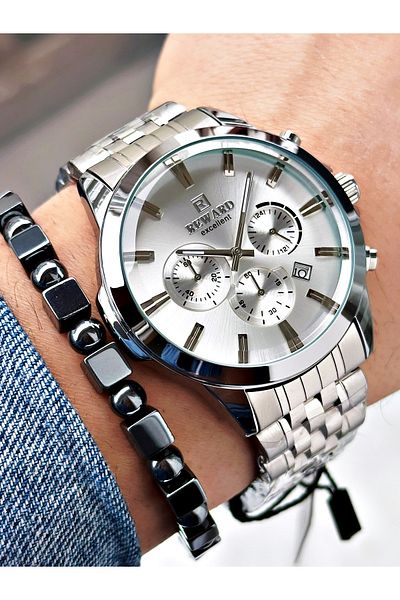 Reward Silver Color Sport Guaranteed Steel Cord Men Wrist Watch + Bracelet