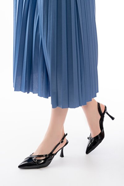 DİVOLYA Pony Black Patent Leather (8 cm Heels) Pointed Toe Closed Buckle Open Back Stiletto Shoes