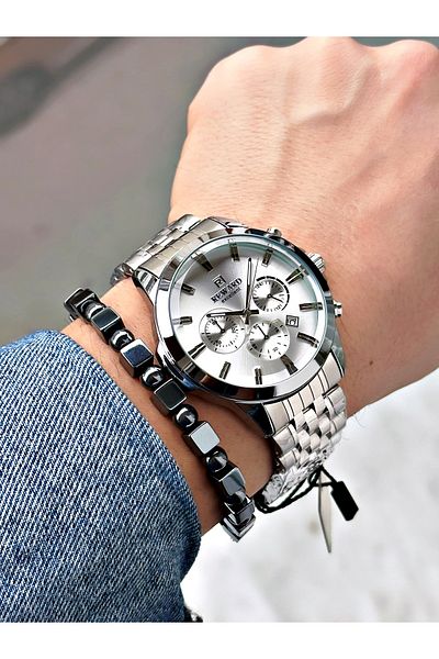 Reward Silver Color Sport Guaranteed Steel Cord Men Wrist Watch + Bracelet