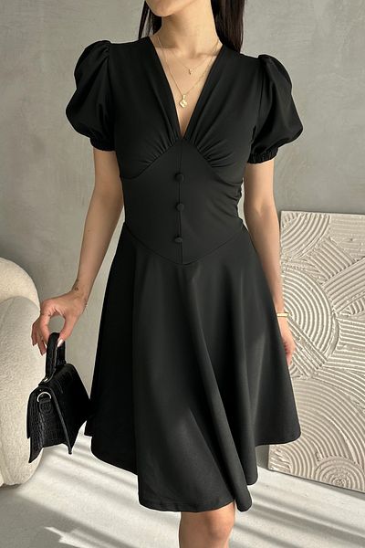 Fav Style Women's V Neck Button Detail Short Watermelon Sleeve Mini Dress Black