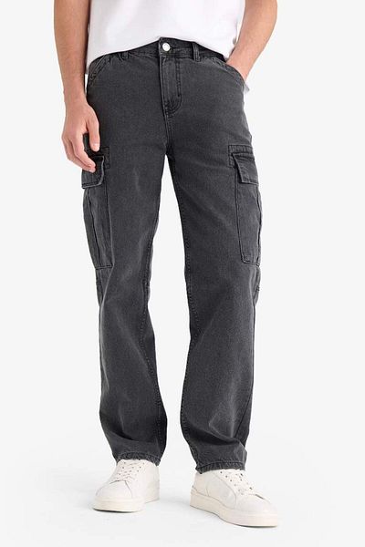 DeFacto New Season 100% Cotton Relax Fit Relaxed Cut Straight Leg Cargo Pocket Jean Trousers