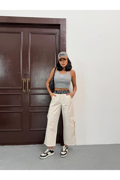 Zeo Basic Parachute Fabric Beige Cargo Pants with Waist Lettering and Elastic Legs