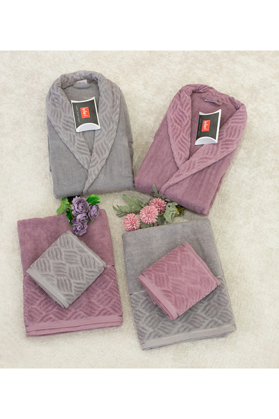 Brillant 6 Parça Gri - Mürdüm Aile Bornoz Seti