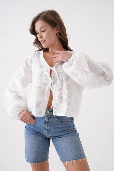 minaaise Women's White Burnout Chiffon Patterned Organza Blouse 29101