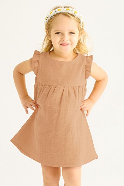 zepkids Crew Neck Ruffled Shoulders Light Brown Color Girl's Dress