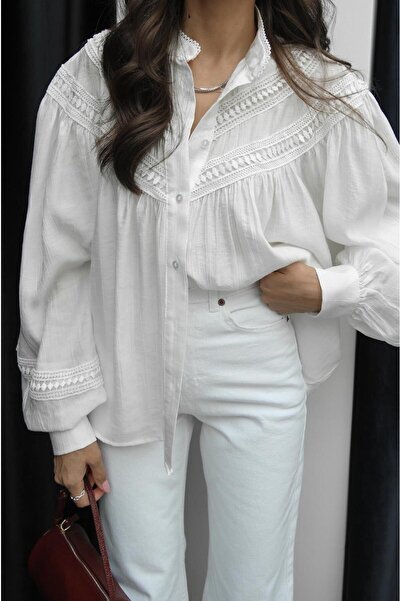MELEK KOSTAK Kadın Beyaz Güpür Dantel Detaylı Dik Yaka Balon Kol Gömlek