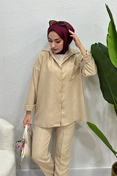 Tesettür Diyarı Women's Sofia Linen Shirt Suit-Beige