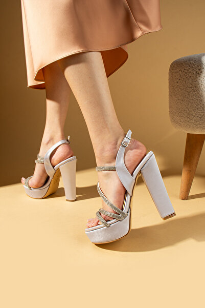 Pembe Potin Women's Gray Satin Evening Dress Wedding Platform High Heeled Shoes