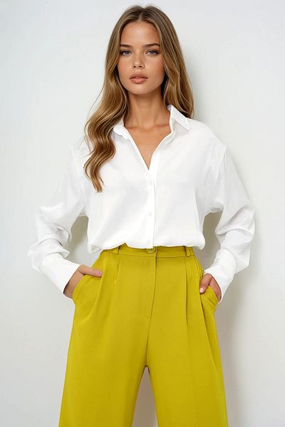 VAGGON Women's Ecru Oversize Silk Satin Shirt Vs00126