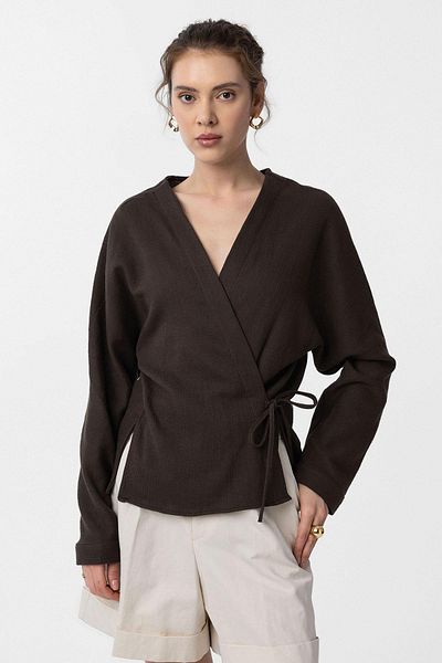Antioch Brown Tie Kimono Women's Shirt