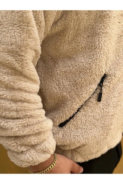 NO 601 Sütlü Kahve Peluş Wellsoft Dik Yaka Cepleri Fermuarlı Oversize Kesim Peluş Ceket