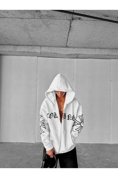 ablukaonline Unisex Oversize εμπριμέ καγκουρό με φερμουάρ κουκούλα λευκό