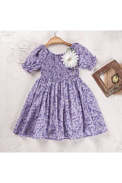 Elayza Flower Appliqued Girl's Dress with Elastic Lined