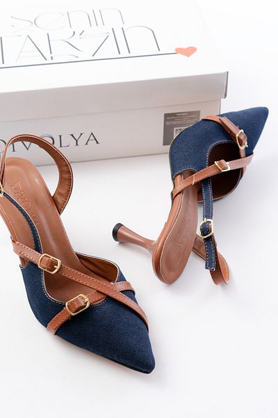 DİVOLYA Pony Navy Blue (8 cm Heels) Denim Denim Pointed Toe Closed Buckle Open Back Stiletto Shoes