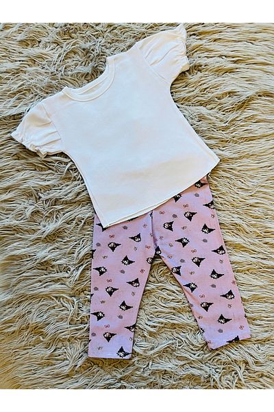 enes baby White Sleeves Gathered Tshirt - Patterned Stretchy Leggings Set of 2