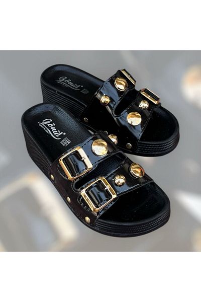 GÖNÜL Papuci de damă Gönül negru-bej cu toc pană, ușoare, confortabile, cu cataramă