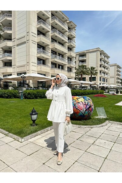 allwear Double Suit with Stone Button Detail, Crepe Fabric, Straight Leg, Judge Collar