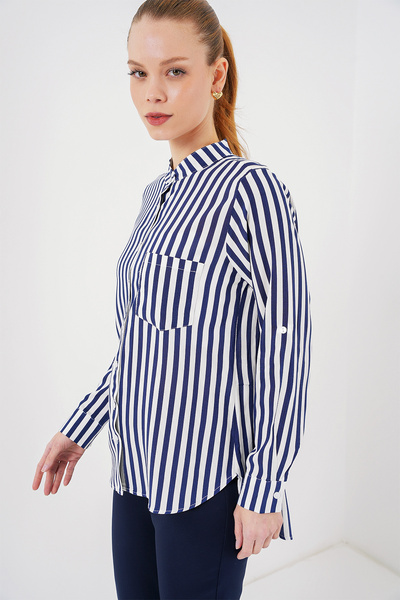 Bigdart Kadın Uzun Kollu Çizgili Gömlek 20283 - Lacivert