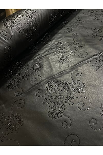 METERİAL 135 cm Eninde Siyah Çiçek Desenli Lazer Kesim Görünümlü Suni Deri Ku...