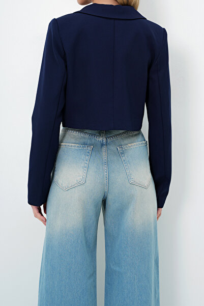 VAGGON Women's Navy Blue Buttoned Crop Jacket Vs00121