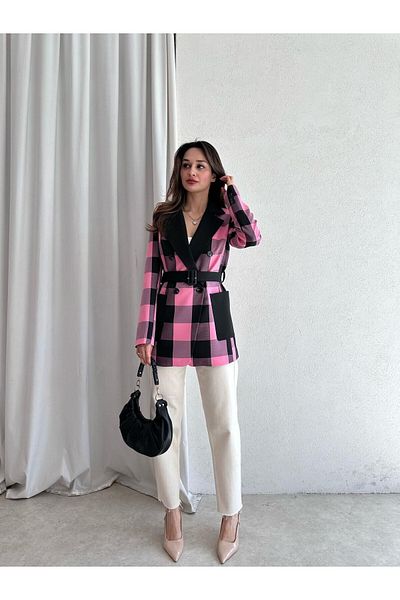 BUTİK ELAJ Women's Pink Plaid Belted Blazer Jacket