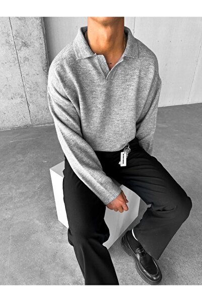 ablukaonline Ανδρικό πουλόβερ Polo Neck Soft Textured Oversize Γκρι