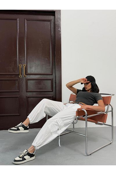 Zeo Basic ZEO Basic Parachute Sand - White Cargo Pants, Elastic Waist and Legs