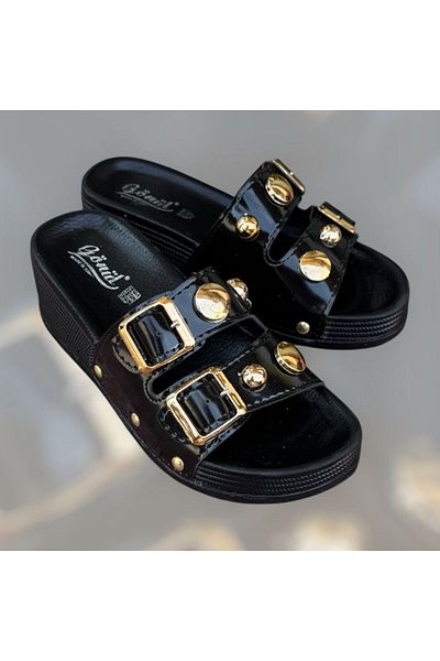 GÖNÜL Papuci de damă Gönül negru-bej cu toc pană, ușoare, confortabile, cu cataramă