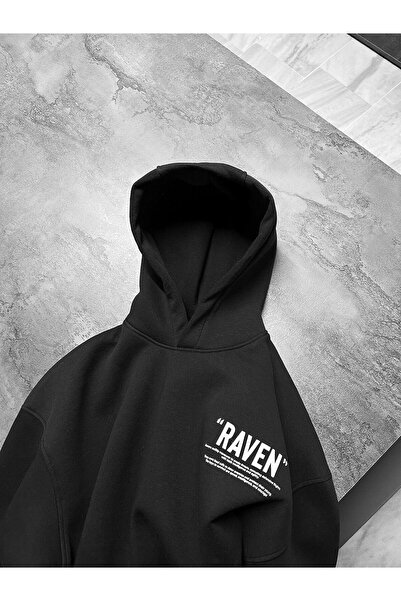 ablukaonline Μαύρο Unisex Oversize φούτερ με στάμπα Raven Premium με κουκούλα