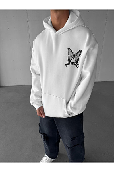 ablukaonline Ανδρικό oversized Butterfly με τύπωμα με κουκούλα Hoodie Λευκό
