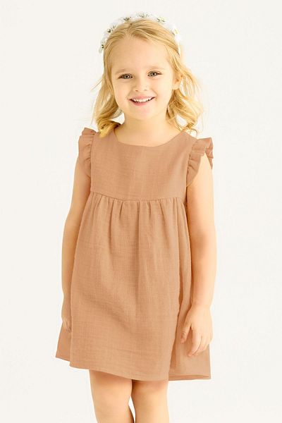 zepkids Crew Neck Ruffled Shoulders Light Brown Color Girl's Dress