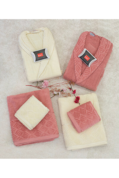 Brillant 6 Parça Ekru - Yavruağzı Aile Bornoz Seti