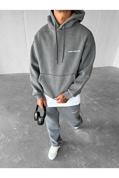 ablukaonline Unisex Oversize εμπριμέ κουκούλα που πλένεται γκρι