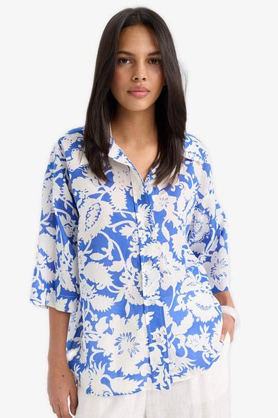 DeFacto Νέα σεζόν Oversize φαρδύ μοτίβο Voile πουκάμισο με μισό μανίκι