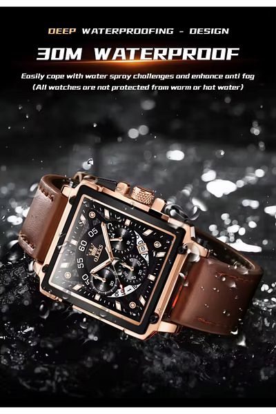 OLEVS Big Square Leather Cord Stylish Sport Waterproof Wristwatch