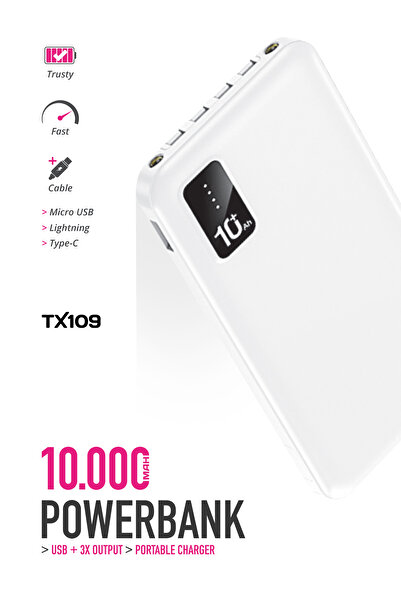 POWERWAY Orjinal 10.000 mAh Kendinden Kablolu ve Telefon Standlı Şarj Göstergeli Beyaz Taşınabilir Powerbank