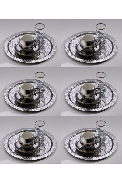 SİNİ Paslanmaz Çelik 6 Adet Yuvarlak Lüx Desenli Gümüş Ad-08 Kahve, Çay Sunum...