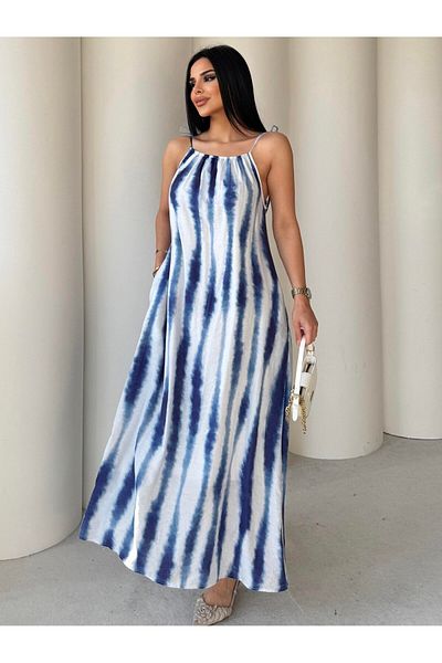 HARMONY GLOBAL Rochie lungă de vară cu model Tie Dye, albastru și alb, cu bretele de mărgele 7318