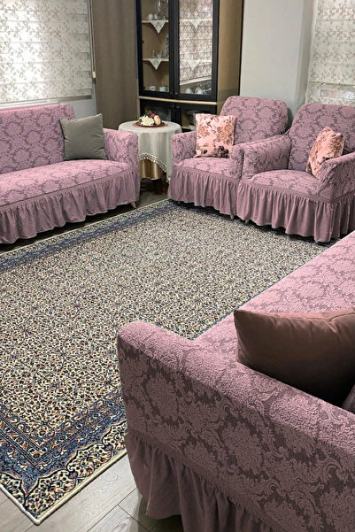 ARLISA Set de huse pentru scaune cu model otoman jacquard 3211 – Husă de protecție lavabilă din lycra flexibilă (PUDRĂ)