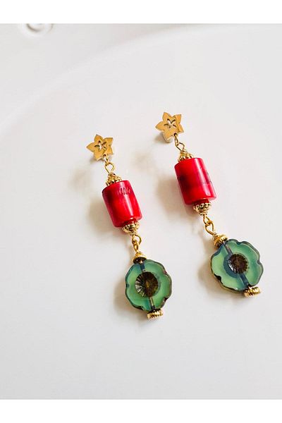 DEVİ fashion Flower Natural Stone Coral Earrings 7 cm