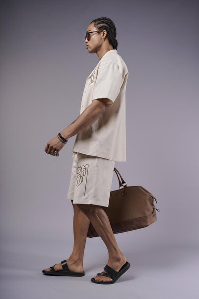 king brich Embroidery Detailed Cotton Linen Shorts Set