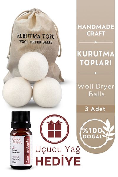 OnkaFarma Drying Ball XL 3 Pieces 100% Natural Wool - 3 Balls, Pouch, Pine Oil Gift