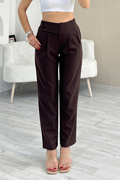 Paw Garage Women's Cleo High Waist Elastic Back Side Double Button Fabric Trousers