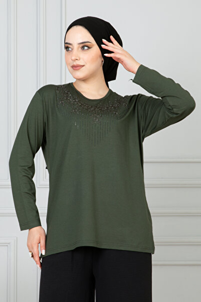 nacar çarşı Γυναικεία Χακί Βαμβακερή Χτενιστή Μπλούζα