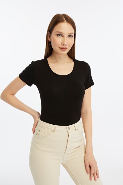 LAENT Women's Black Crew Neck Short Sleeve Plain Viscose Blouse