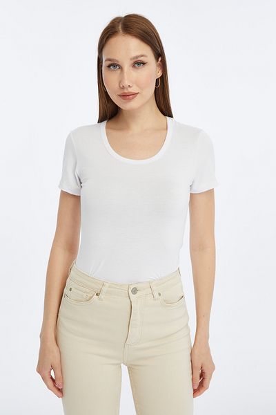 LAENT Women's White Crew Neck Short Sleeve Blouse