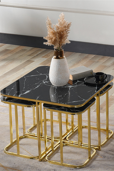 SEDAŞ LIVING UNITS 5 Li Iç Içe 4 1 Siyah Mermer Temperli Cam Gold Metal Ayak ...